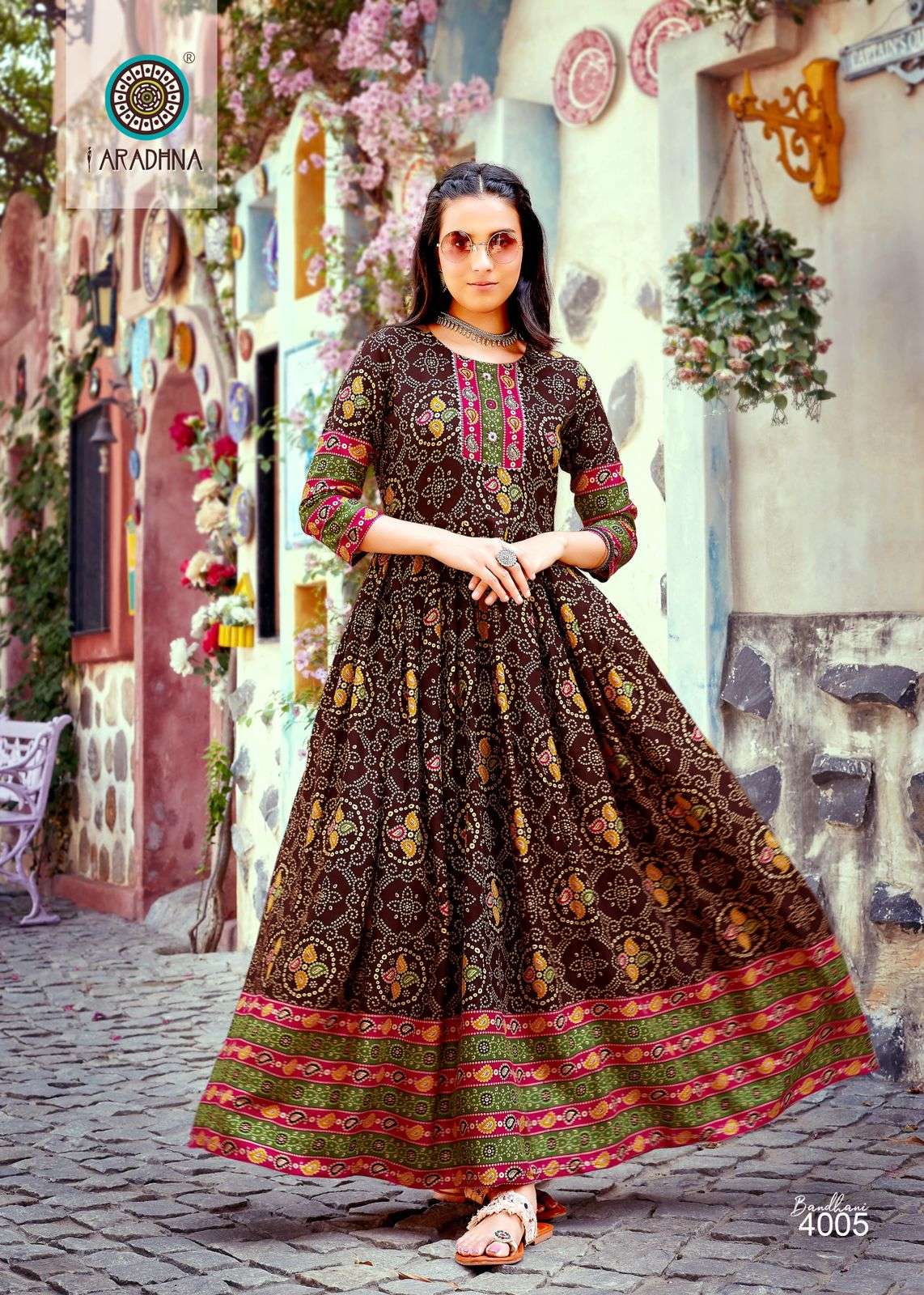 BANDHANI VOL 4 RAYON BANDHANI PRINT EMBROIDERY WORK LIVA TAG LONG GOWN KURTI BY ARADHNA BRAND 4005